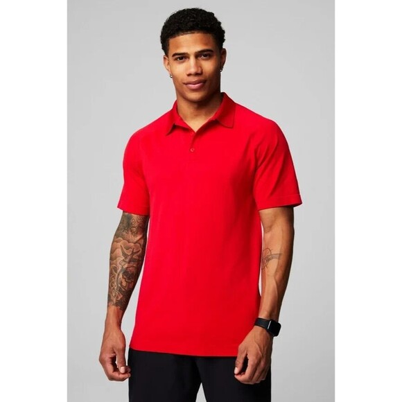 Fabletics Men's Medium The Training Day Polo Shirt Red - Breathable Active Gym - Picture 1 of 5